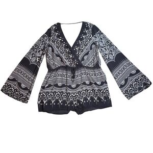 TJD Black & White Paisley Floral Romper Boho Long Sleeve Surplice Small